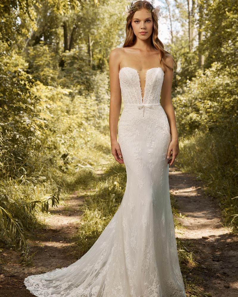 Lp2208 strapless sheath wedding dress with lace and sweetheart neckline5